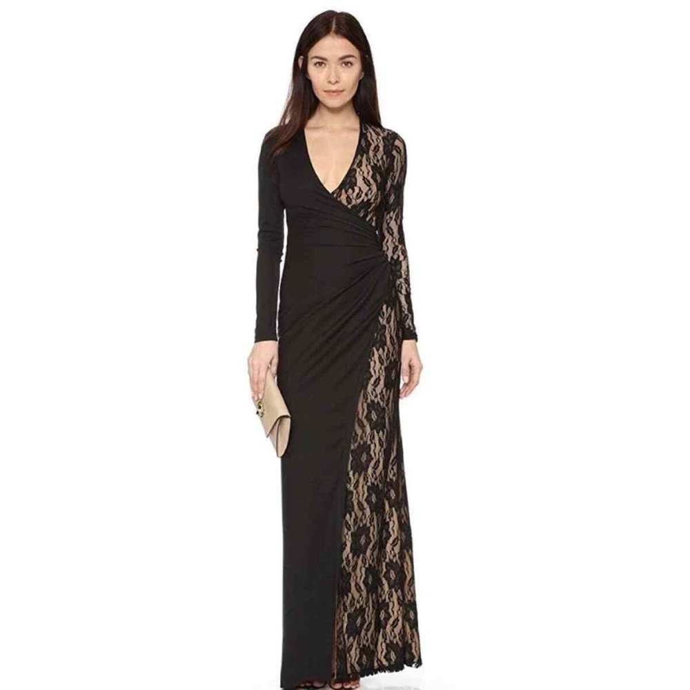 Parker Black Label Azulejo Maxi Dress Sz 8 Lace Slit V Neck Black Evening Party